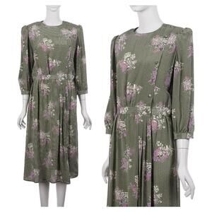 VINTAGE Le Sooik 80s 90s Silk Dress 10 Green Floral Striped Print 3/4 Sleeve